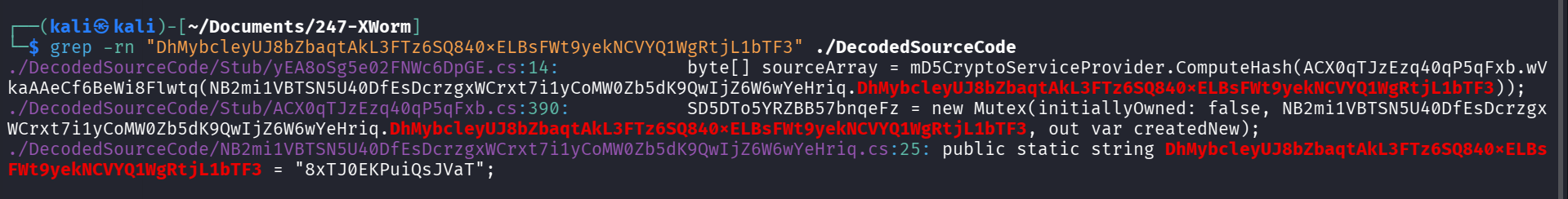 Grep output tracing the obfuscated variable name through the decompiled source, revealing the hardcoded seed string: public static string ... = "8xTJ0EKPuiQsJVaT".